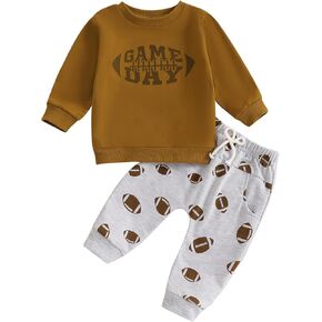 Baby Boy Football Game Day Clothes Toddler Rugby Print Crewneck Sweatshirt Pants Set Spring Sweatsuit Outfits