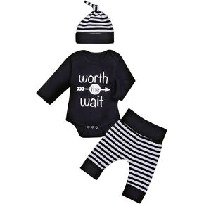 Baby Unisex Worth the Wait Arrow Printed Romper Striped Pant Hat Outfit Clothes (Black, 0-3Month)