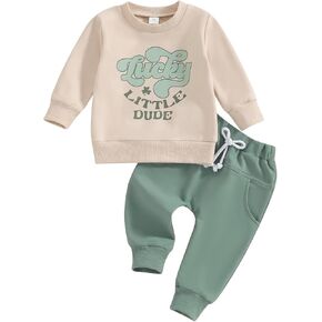 Baby Boy St. Patrick's Day Outfits Long Sleeve Sweatshirt Elastic Waist Pants Lucky Clover Clothes Tracksuit