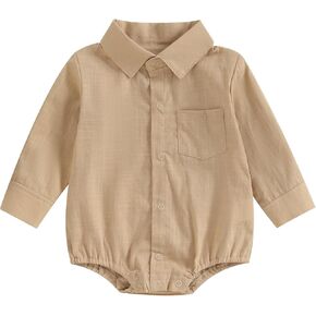 Baby Boy Button Down Shirt Newborn Solid Color Long Sleeve Romper Gentleman Lapel Bodysuit with Pocket