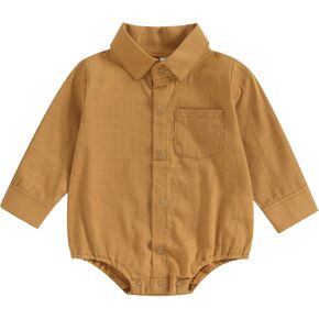 Baby Boy Button Down Shirt Newborn Solid Color Long Sleeve Romper Gentleman Lapel Bodysuit with Pocket