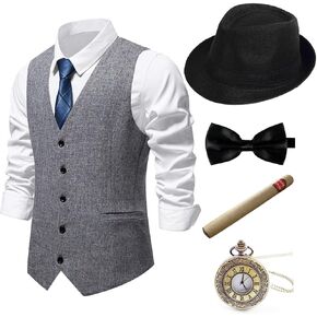 Gionforsy 1920s Mens Costume Gatsby Gangster Vest Fedora Hat Suspenders Bow Tie Vintage Pocket Watch Costume Accessories Set