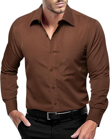 قميص Dubulle سادة للرجال من الساتان بأكمام طويلة، قميص كاجوال للعمل بأزرار سفلية مع جيب للرجال in Kuwait