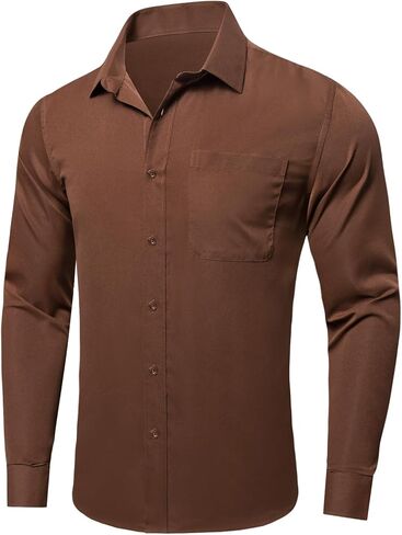 قميص Dubulle سادة للرجال من الساتان بأكمام طويلة، قميص كاجوال للعمل بأزرار سفلية مع جيب للرجال in Kuwait