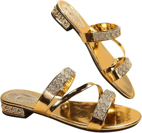 GORGLITTER Women's Gold Rhinestone Sandals Strappy Flats Sparkly Slide Sandals in Saudi Arabia