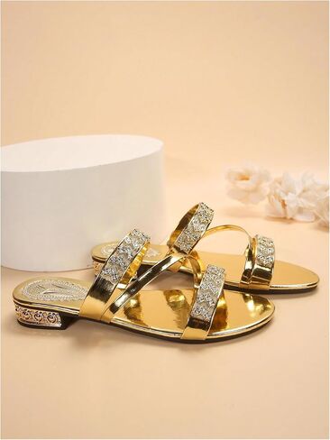 GORGLITTER Women's Gold Rhinestone Sandals Strappy Flats Sparkly Slide Sandals in Saudi Arabia