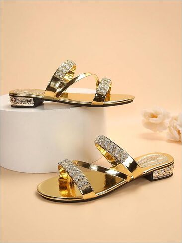GORGLITTER Women's Gold Rhinestone Sandals Strappy Flats Sparkly Slide Sandals in Saudi Arabia