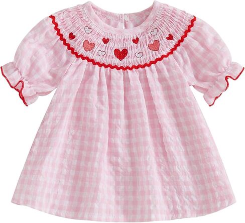 Valentines Day Toddler Baby Girl Clothes Heart Embroidery Plaid Smocked Dress Crewneck Princess Dress Summer Outfit in Saudi Arabia