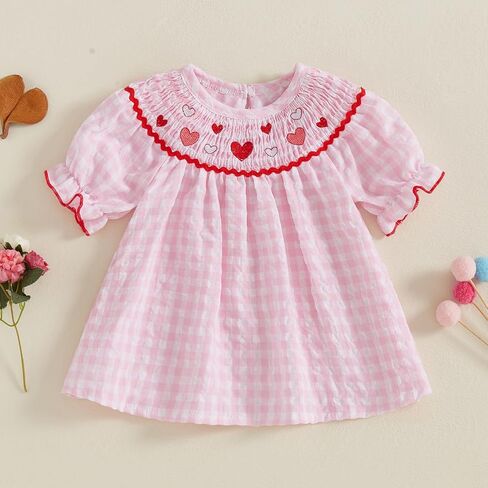 Valentines Day Toddler Baby Girl Clothes Heart Embroidery Plaid Smocked Dress Crewneck Princess Dress Summer Outfit in Saudi Arabia