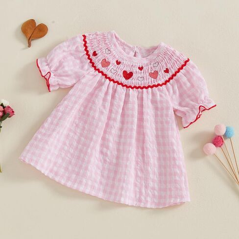 Valentines Day Toddler Baby Girl Clothes Heart Embroidery Plaid Smocked Dress Crewneck Princess Dress Summer Outfit in Saudi Arabia