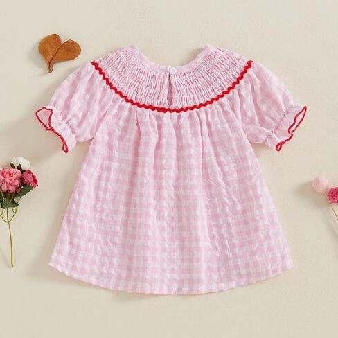 Valentines Day Toddler Baby Girl Clothes Heart Embroidery Plaid Smocked Dress Crewneck Princess Dress Summer Outfit in Saudi Arabia