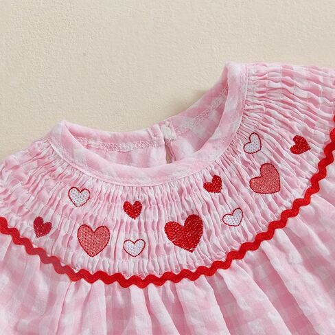 Valentines Day Toddler Baby Girl Clothes Heart Embroidery Plaid Smocked Dress Crewneck Princess Dress Summer Outfit in Saudi Arabia