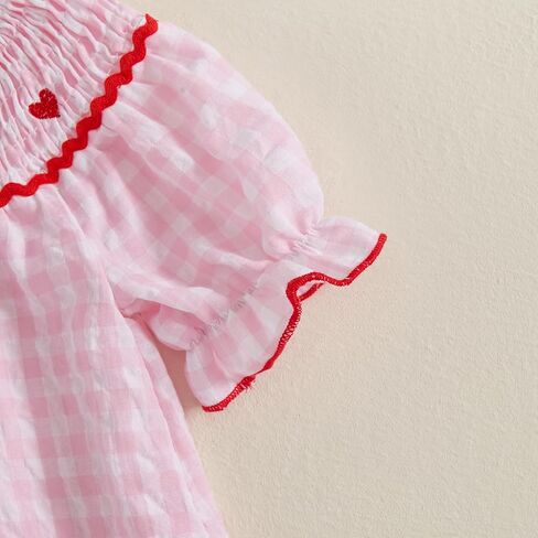 Valentines Day Toddler Baby Girl Clothes Heart Embroidery Plaid Smocked Dress Crewneck Princess Dress Summer Outfit in Saudi Arabia