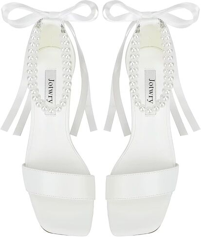 Block Heel Wedding Shoes for Bride Pearl Heels Wedding Sandals Square Open Toe Bridal Shoes in Kuwait