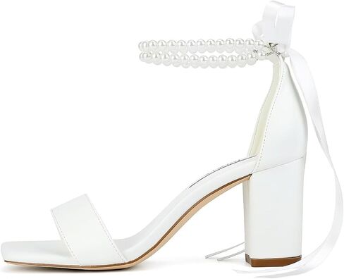 Block Heel Wedding Shoes for Bride Pearl Heels Wedding Sandals Square Open Toe Bridal Shoes in Kuwait