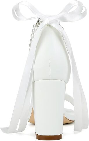 Block Heel Wedding Shoes for Bride Pearl Heels Wedding Sandals Square Open Toe Bridal Shoes in Kuwait