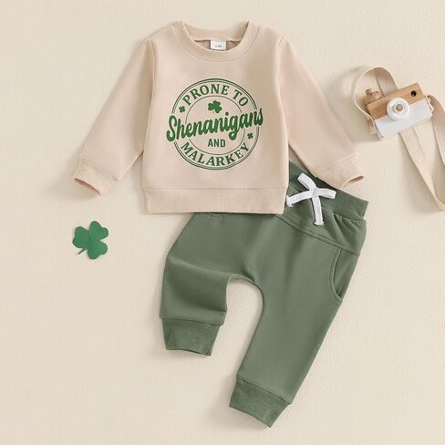 St Patricks Day Baby Boy Outfit Clover Letters Print Sweatshirt Sweatshens Pants Pants Toddler 2PCS SPRING COLLESS in Kuwait