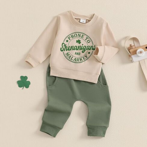 St Patricks Day Baby Boy Outfit Clover Letters Print Sweatshirt Sweatshens Pants Pants Toddler 2PCS SPRING COLLESS in Kuwait
