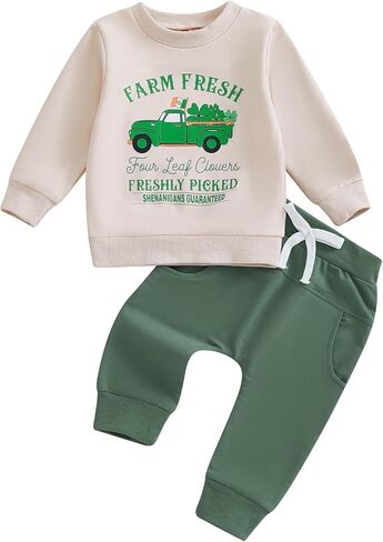 St Patricks Day Baby Boy Outfit Clover Letters Print Sweatshirt Sweatshens Pants Pants Toddler 2PCS SPRING COLLESS in Kuwait