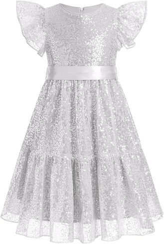 IBTOM CASTLE Flower Girl Sequins Dress Toddlers Flutter Sleeve Birthdat Party Dress with Belt Bridesmaid Wedding in Saudi Arabia