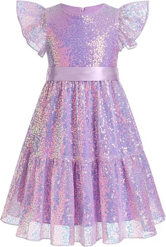 IBTOM CASTLE Flower Girl Sequins Dress Toddlers Flutter Sleeve Birthdat Party Dress with Belt Bridesmaid Wedding in Saudi Arabia