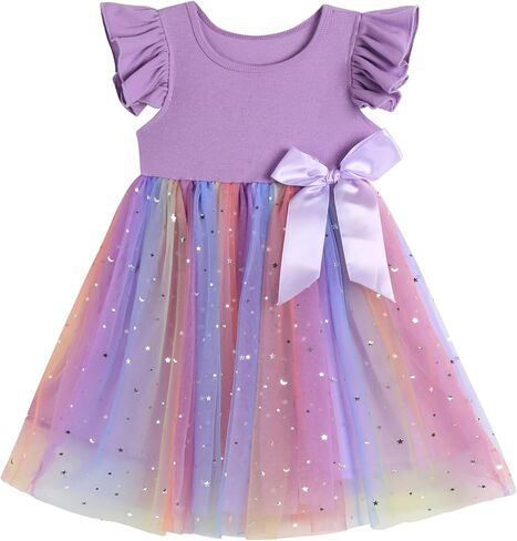 Girls Casual Tulle Tutu Dress Baby Toddler Ruffle Sleeves Bow Princess Party Dresses in Saudi Arabia