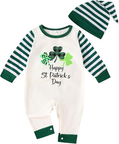 Bowanadacles St. Patricks Day Baby Boy Outfit Clothes Newborn Infant Clover Print Romper Long Sleeve Ripped Jumpsuit Hat in Saudi Arabia