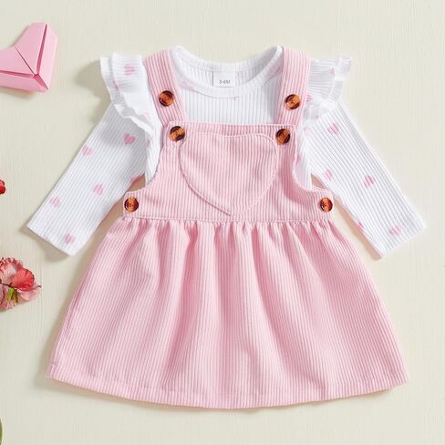 Baby Girl Valentines Day Outfit Long Sleeve Romper Suspender Skirt Set Newborn Clothes Baby Girl Fall Winter Outfit in Saudi Arabia