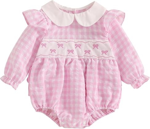 Adobabirl Infant Baby Girl Outfit Newborn Bow Bubble Romper Long Sleeve Embroidery Jumpsuit Cute Smocked Clothes in Saudi Arabia