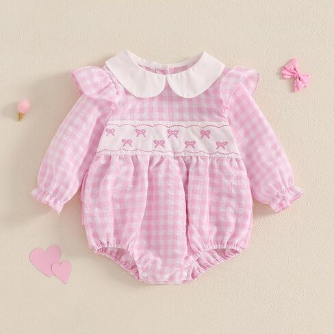 Adobabirl Infant Baby Girl Outfit Newborn Bow Bubble Romper Long Sleeve Embroidery Jumpsuit Cute Smocked Clothes in Saudi Arabia