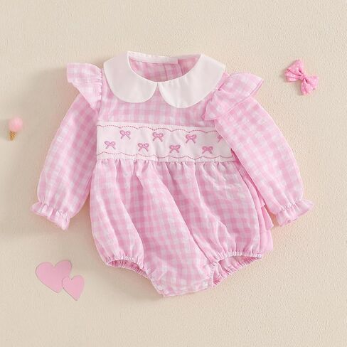 Adobabirl Infant Baby Girl Outfit Newborn Bow Bubble Romper Long Sleeve Embroidery Jumpsuit Cute Smocked Clothes in Saudi Arabia