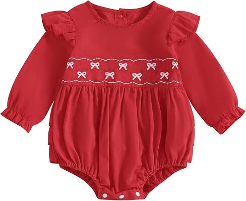 Adobabirl Infant Baby Girl Outfit Newborn Bow Bubble Romper Long Sleeve Embroidery Jumpsuit Cute Smocked Clothes in Saudi Arabia