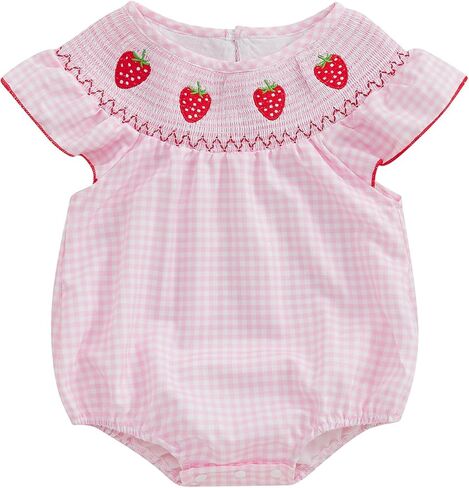 Kayotuas Newborn Baby Girls Smocked Bubble Romper Cute Embroidery Ruffle Gingham Bodysuit Dress Infant Toddler Summer Clothes in Kuwait