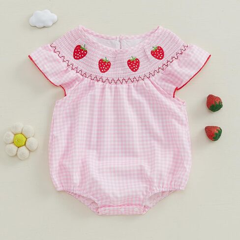 Kayotuas Newborn Baby Girls Smocked Bubble Romper Cute Embroidery Ruffle Gingham Bodysuit Dress Infant Toddler Summer Clothes in Kuwait