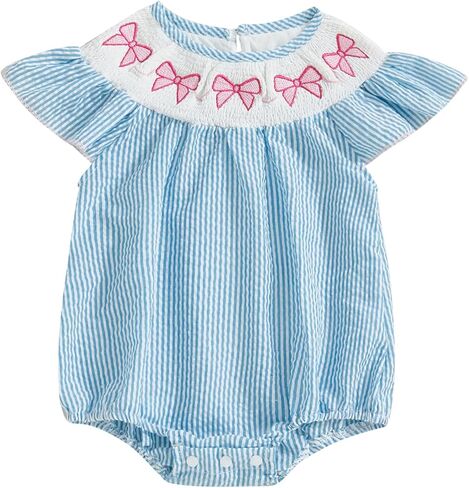 Kayotuas Newborn Baby Girls Smocked Bubble Romper Cute Embroidery Ruffle Gingham Bodysuit Dress Infant Toddler Summer Clothes in Kuwait