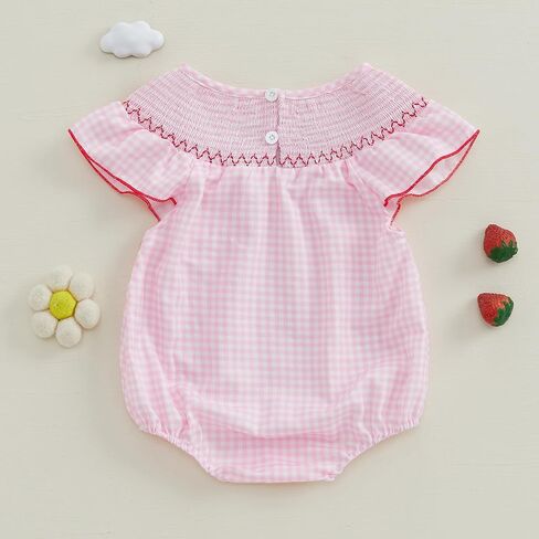 Kayotuas Newborn Baby Girls Smocked Bubble Romper Cute Embroidery Ruffle Gingham Bodysuit Dress Infant Toddler Summer Clothes in Kuwait