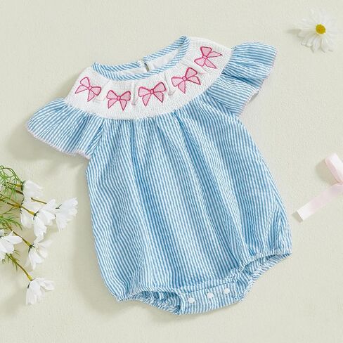 Kayotuas Newborn Baby Girls Smocked Bubble Romper Cute Embroidery Ruffle Gingham Bodysuit Dress Infant Toddler Summer Clothes in Kuwait