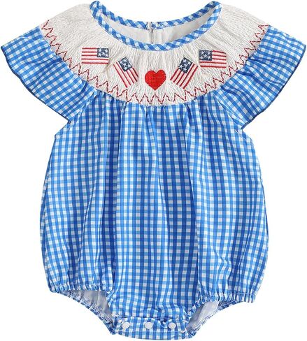 Kayotuas Newborn Baby Girls Smocked Bubble Romper Cute Embroidery Ruffle Gingham Bodysuit Dress Infant Toddler Summer Clothes in Kuwait