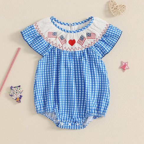 Kayotuas Newborn Baby Girls Smocked Bubble Romper Cute Embroidery Ruffle Gingham Bodysuit Dress Infant Toddler Summer Clothes in Kuwait