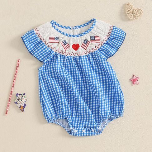 Kayotuas Newborn Baby Girls Smocked Bubble Romper Cute Embroidery Ruffle Gingham Bodysuit Dress Infant Toddler Summer Clothes in Kuwait