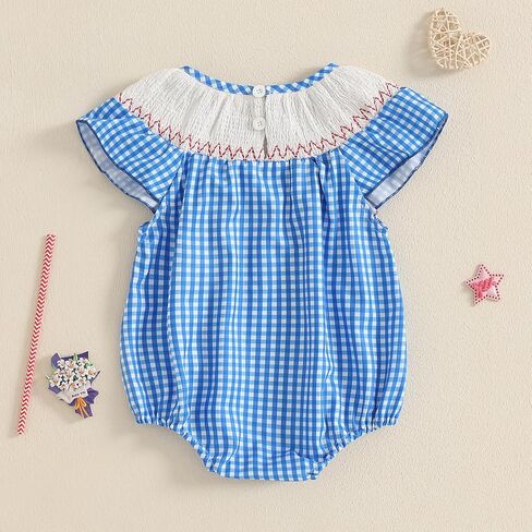 Kayotuas Newborn Baby Girls Smocked Bubble Romper Cute Embroidery Ruffle Gingham Bodysuit Dress Infant Toddler Summer Clothes in Kuwait