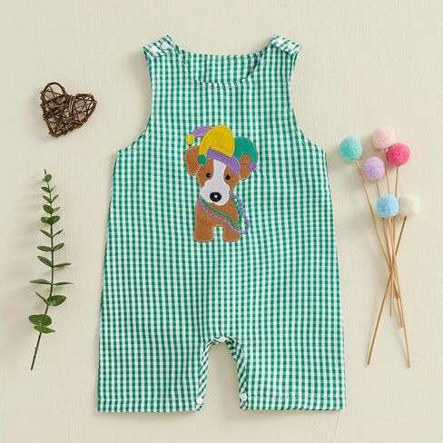 Baby Boy Girl Mardi Gras Outfit Plaid Puppy Sleeveless Jumpsuit Romper Infant Girl Bodysuit Summer Baby Clothes Unisex in Saudi Arabia