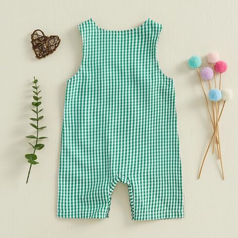 Baby Boy Girl Mardi Gras Outfit Plaid Puppy Sleeveless Jumpsuit Romper Infant Girl Bodysuit Summer Baby Clothes Unisex in Saudi Arabia
