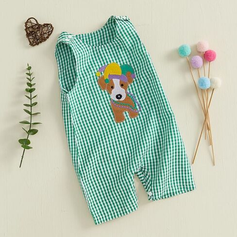 Baby Boy Girl Mardi Gras Outfit Plaid Puppy Sleeveless Jumpsuit Romper Infant Girl Bodysuit Summer Baby Clothes Unisex in Saudi Arabia