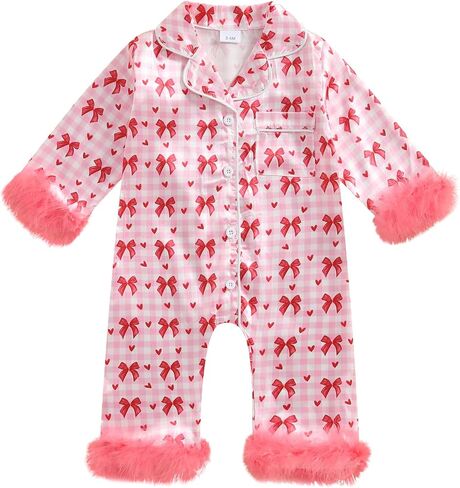 woshilaocai Baby Girl Button Down Romper Bow Strawberry Fuzzy Cuff Long Sleeve Jumpsuit Spring Summer Clothes in Saudi Arabia