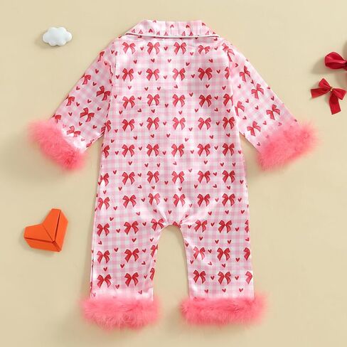 woshilaocai Baby Girl Button Down Romper Bow Strawberry Fuzzy Cuff Long Sleeve Jumpsuit Spring Summer Clothes in Saudi Arabia