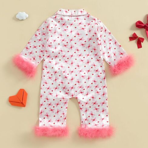 woshilaocai Baby Girl Button Down Romper Bow Strawberry Fuzzy Cuff Long Sleeve Jumpsuit Spring Summer Clothes in Saudi Arabia