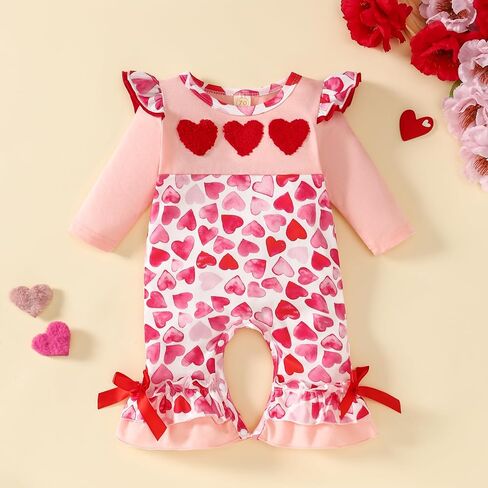 Goodplayer Baby Girl Valentines Day Clothes Newborn Girl Heart Embroidered Jumpsuit My First Valentine's Day Romper Outfit in Saudi Arabia