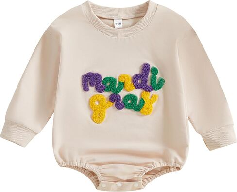 Infant Baby Girl Boy Mardi Gras Outfit Letter Embroidered Long Sleeve Bubble Romper Sweatshirt Fall Clothes in Kuwait