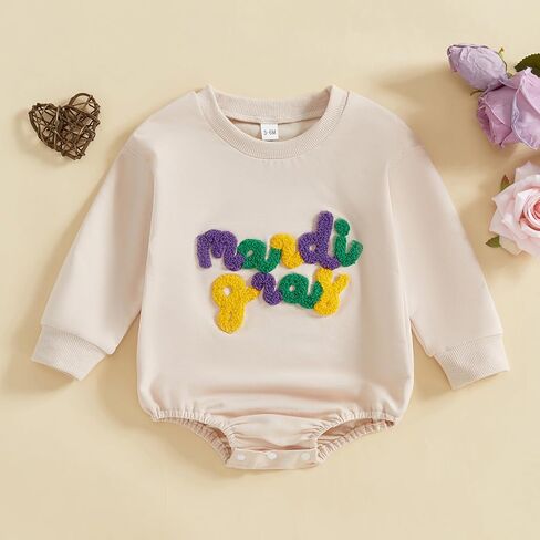 Infant Baby Girl Boy Mardi Gras Outfit Letter Embroidered Long Sleeve Bubble Romper Sweatshirt Fall Clothes in Kuwait
